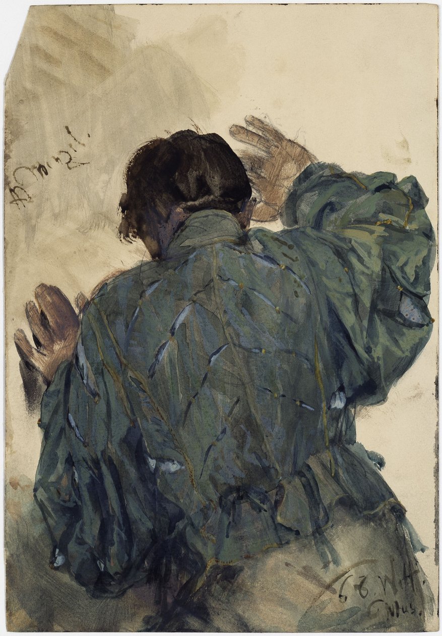 Boceto de un traje de hombre visto de espaldas, apoyado contra la pared, Museo de los Welf de Hannover de Adolph Menzel