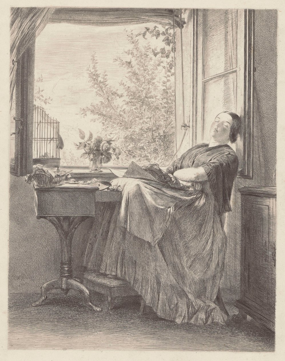 Costurera dormida junto a la ventana (Emilia, hermana de Menzel, más tarde señora Krigar). de Adolph Menzel