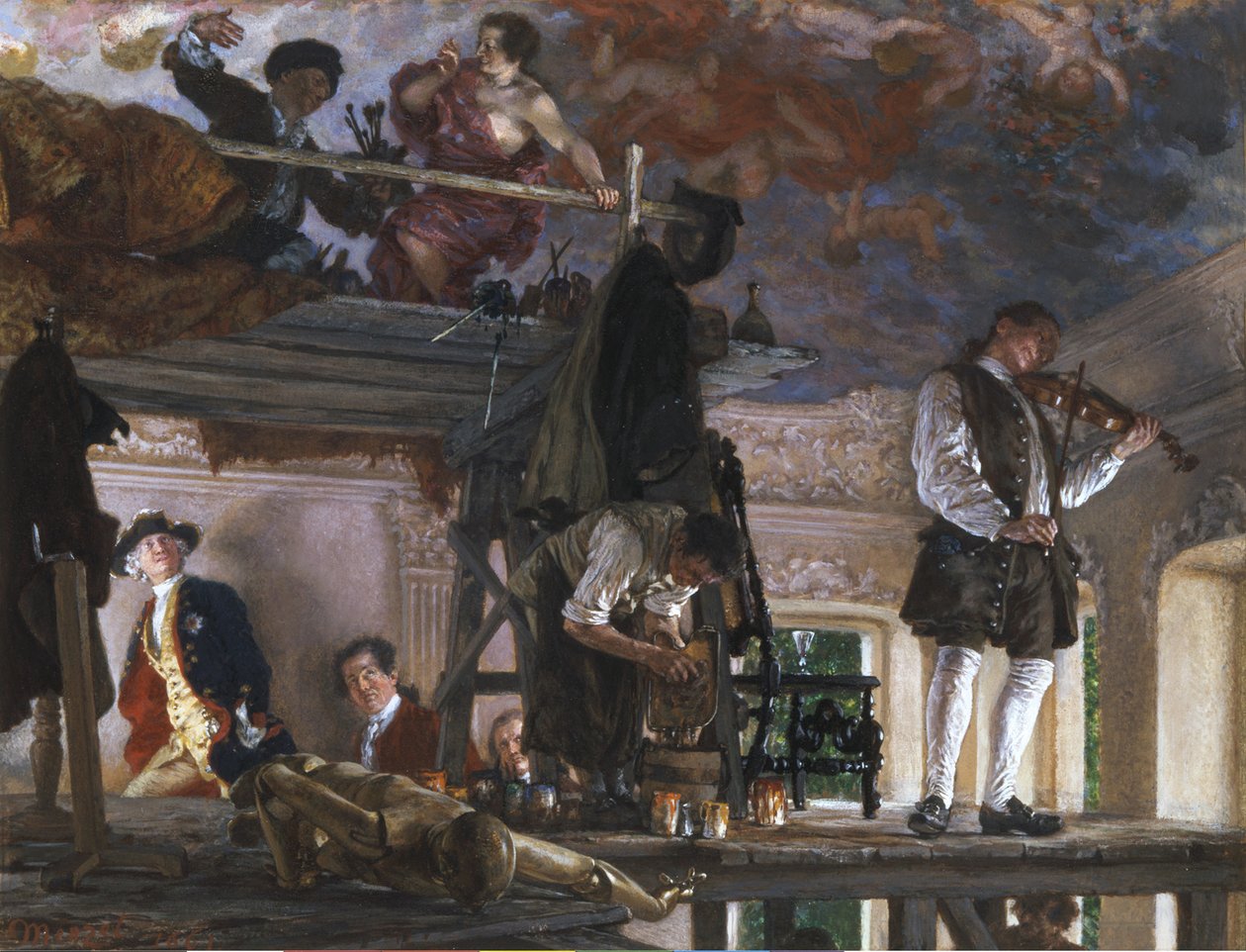 El príncipe heredero Federico visita al pintor Pesne en el andamio de Rheinsberg de Adolph Menzel