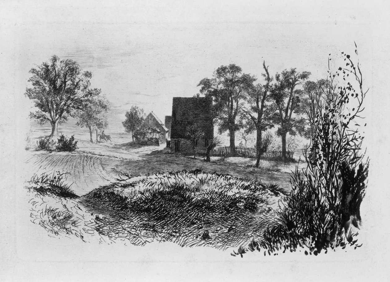 Paisaje con tres cabañas de Adolph Menzel