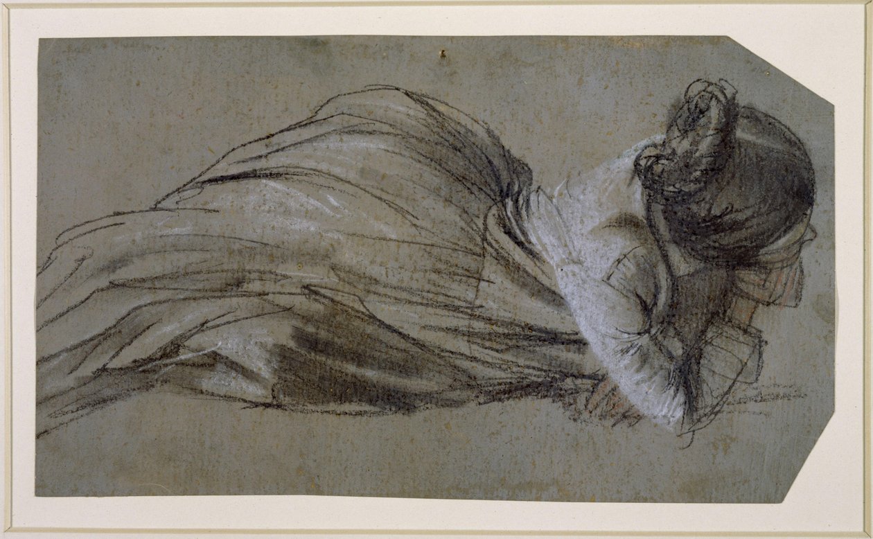 Figura femenina recostada con el brazo apoyado hacia la derecha (Emilie, la hermana de Menzel) de Adolph Menzel