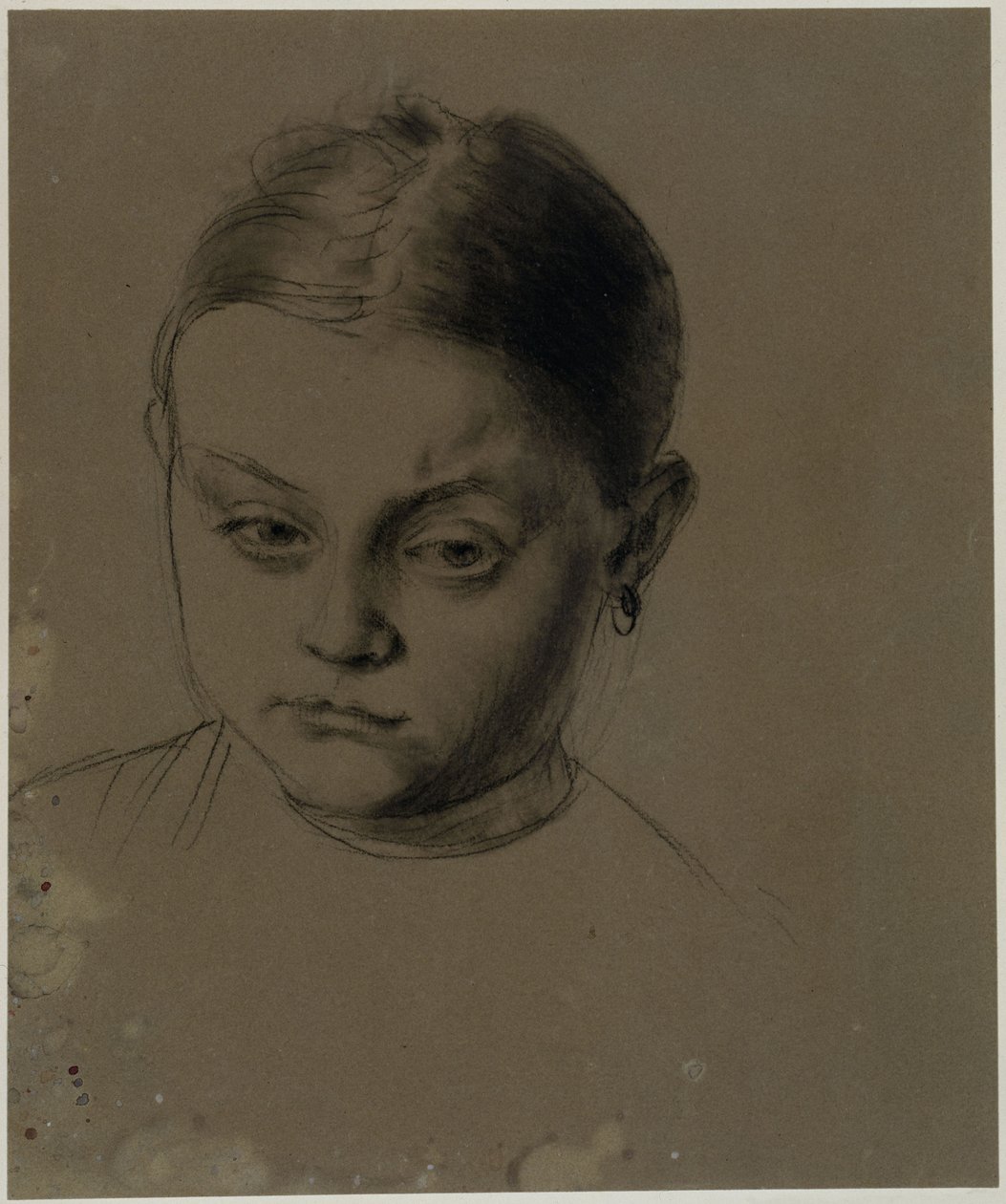 Cabeza de niña de frente, con la cabeza ligeramente inclinada, con un pendiente de Adolph Menzel