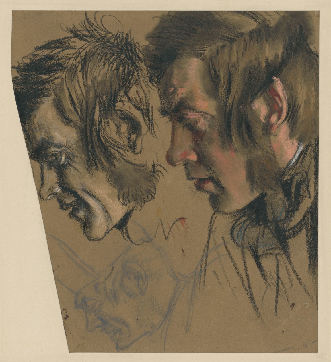 Cabeza de hombre con patillas, inclinada hacia delante; a la izquierda: una versión más pequeña; abajo: el mismo con gorra de Adolph Menzel