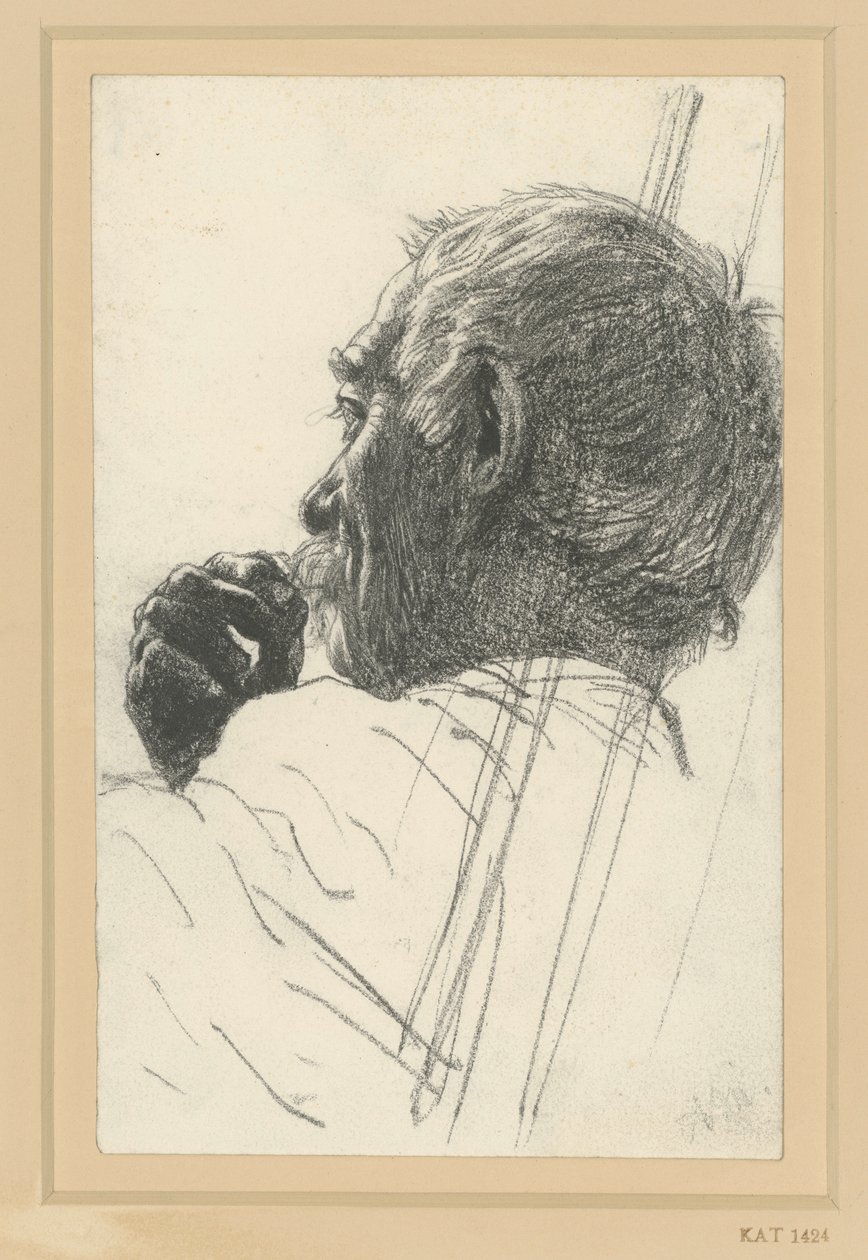 Estudio de cabeza y manos masculinas, perfil cortado hacia la izquierda de Adolph Menzel