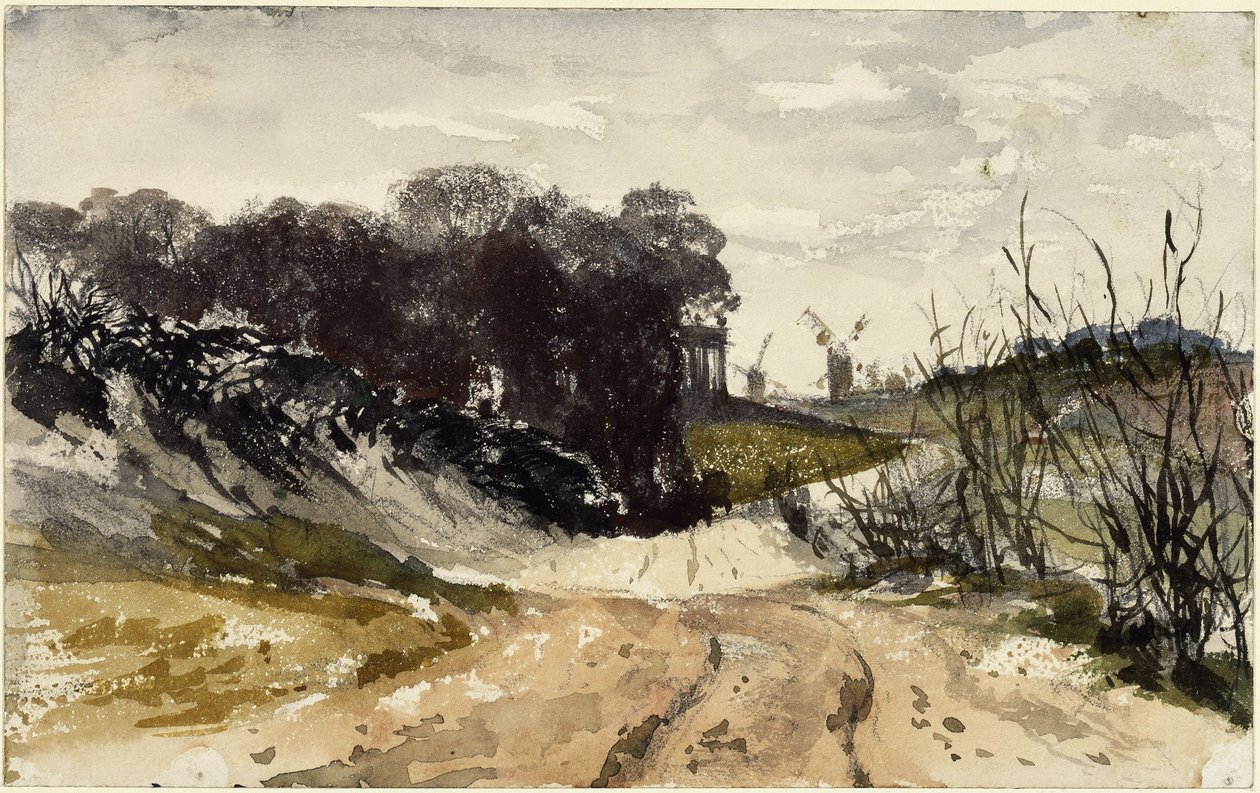 Paisaje de la región de Märkisch con molinos de viento al fondo de Adolph Menzel