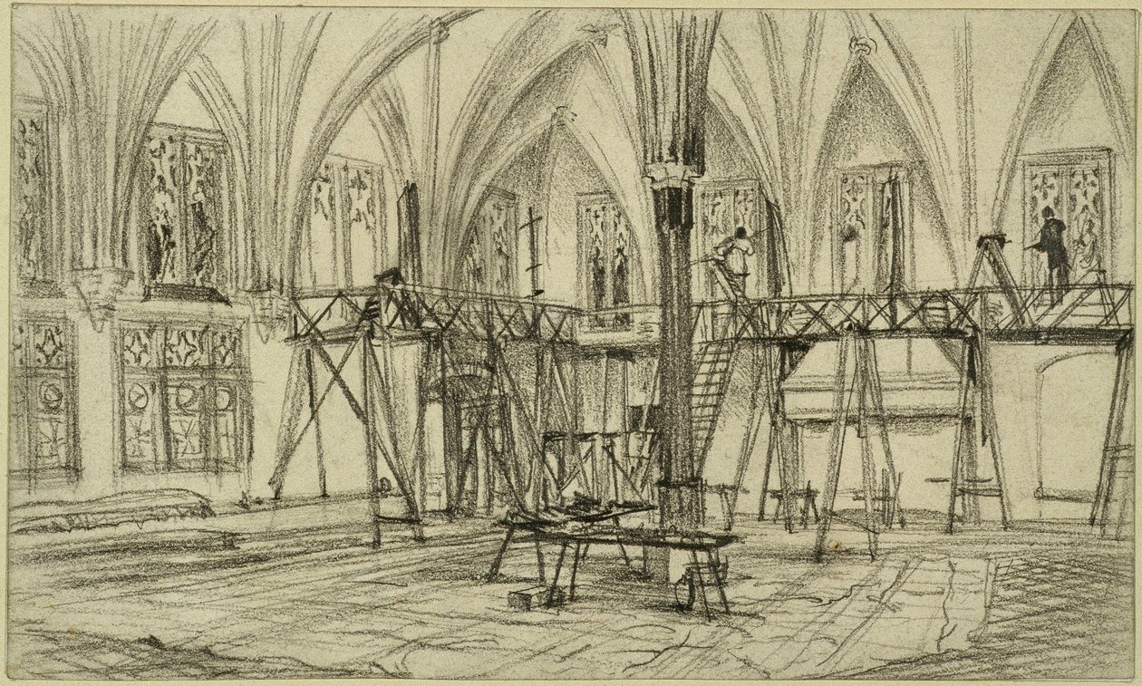 Pintores sobre andamios en el refectorio de verano del castillo de Marienburg de Adolph Menzel