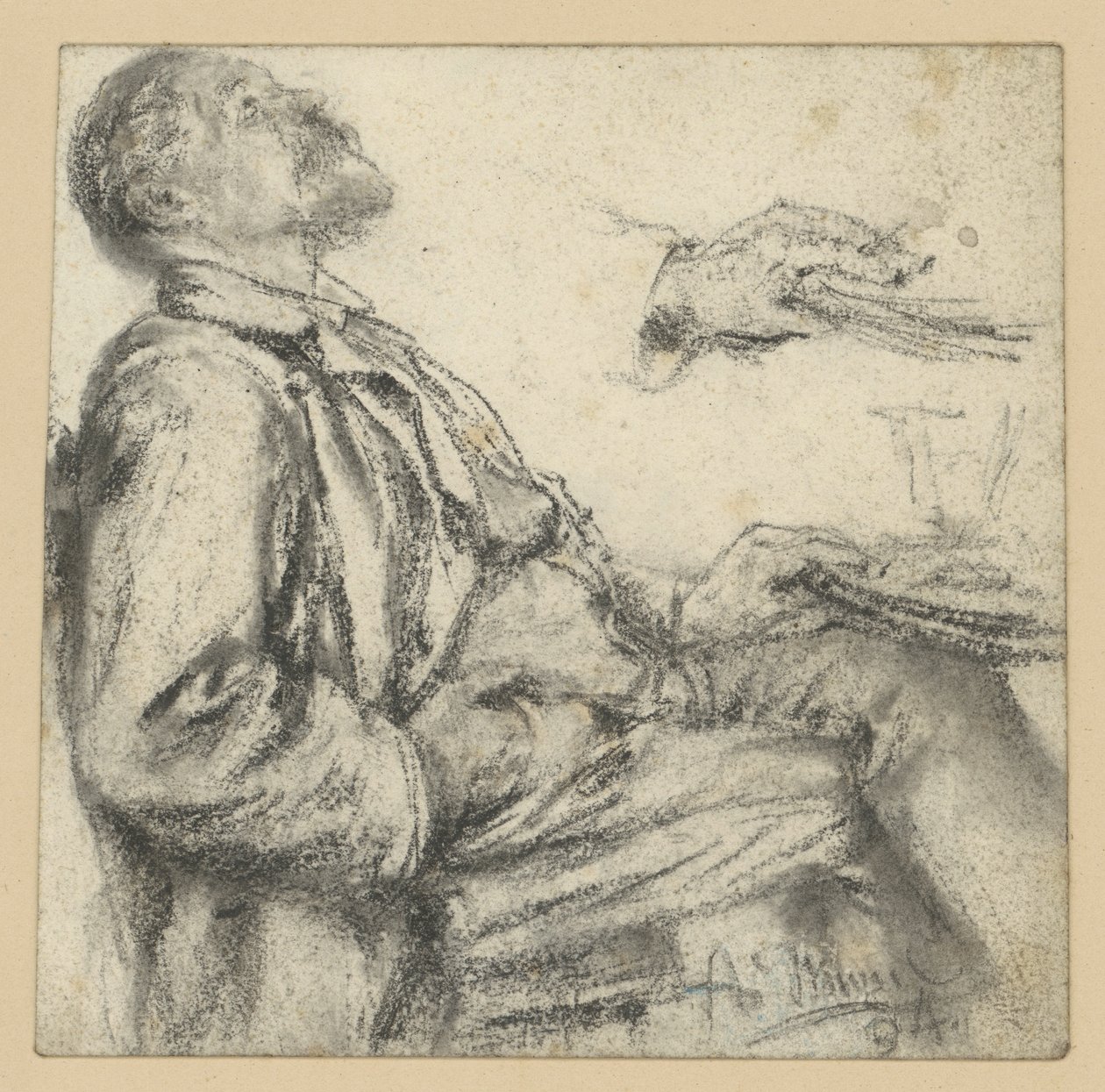 Hombre sentado a la mesa, mirando hacia la derecha, con la cabeza echada hacia atrás y la mirada dirigida hacia arriba, además de un estudio de la mano de Adolph Menzel