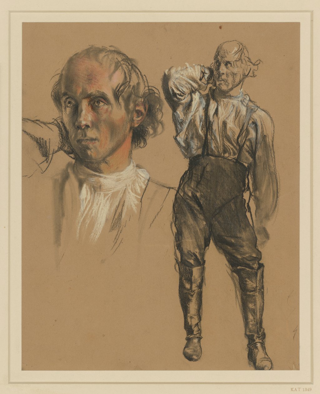 Hombre con camisa, pantalones y botas altas, de pie de frente, con la mano derecha en la nuca, mirando a la izquierda, a la izquierda: estudio de cabeza más grande de Adolph Menzel