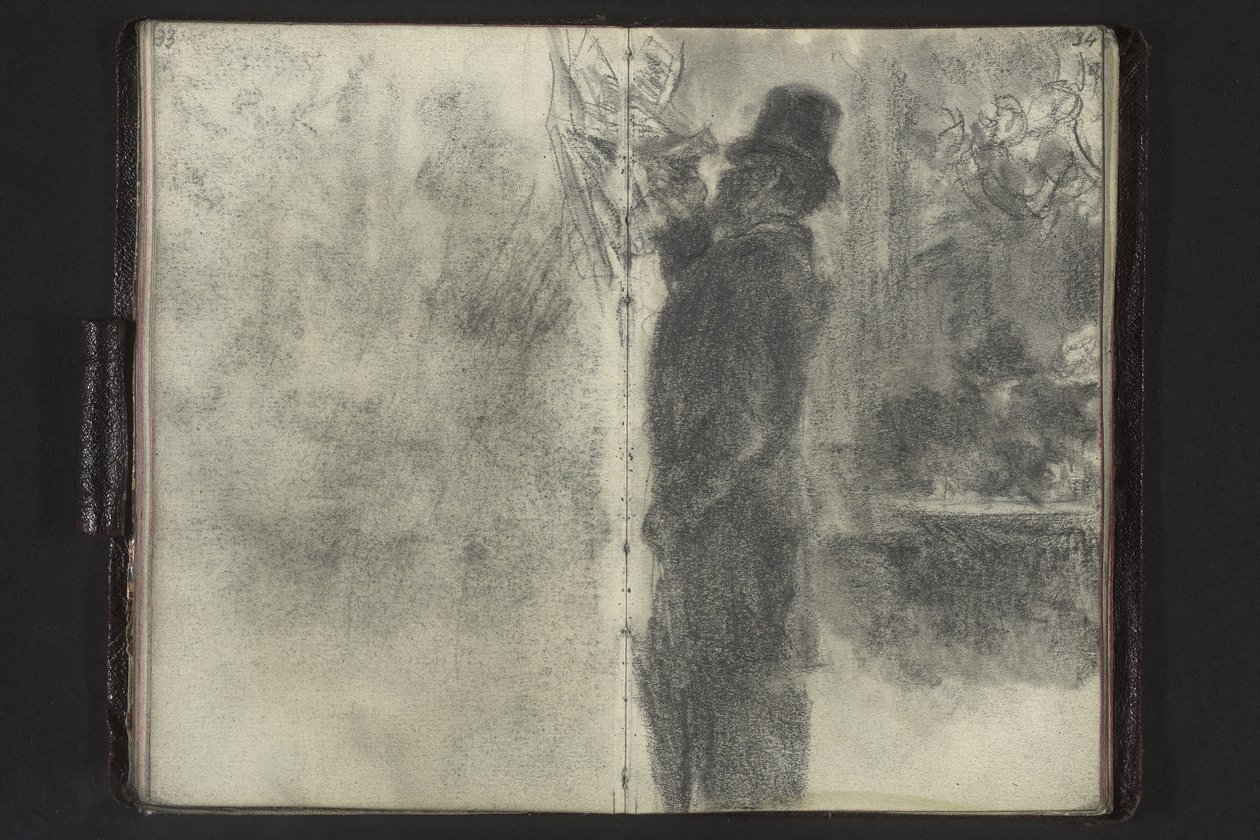 Un hombre con sombrero de copa y paraguas, revisando unas notas colgadas en la pared de Adolph Menzel