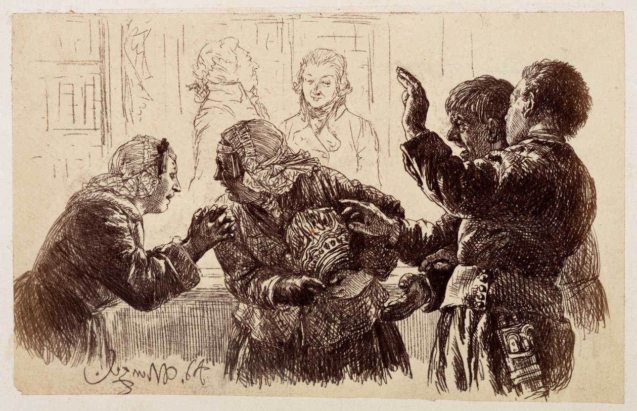Marthe, con los fragmentos de la jarra en los brazos, se encuentra entre Veit y Ruprecht, mientras que Eve suplica a su madre que desista de su queja, de la obra de Heinrich von Kleist «La jarra rota». de Adolph Menzel