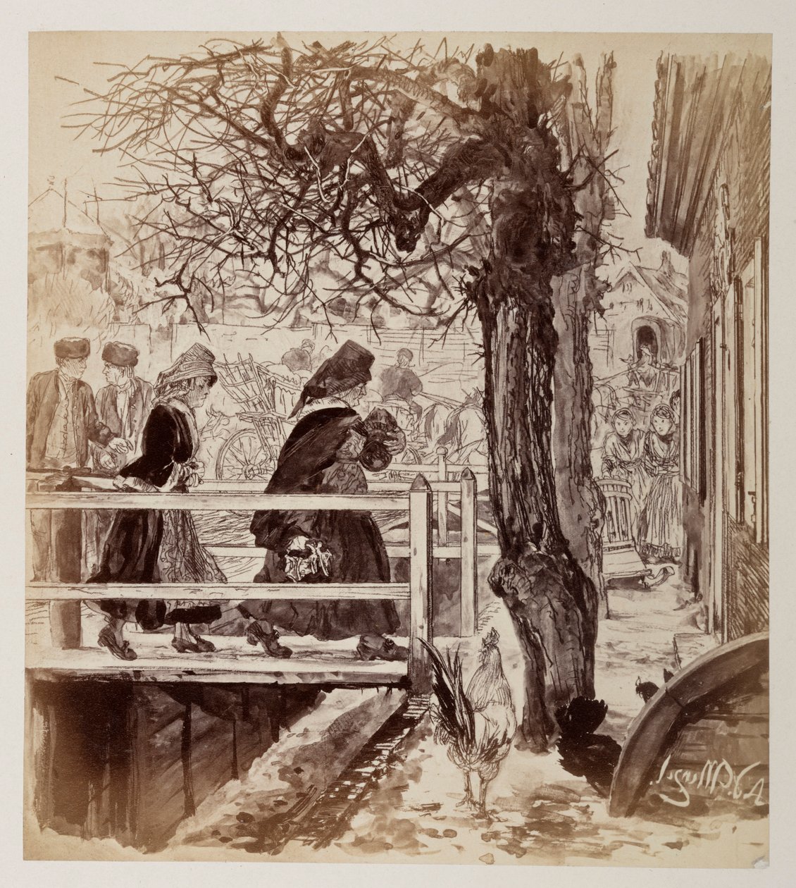 Marthe cruza hacia la izquierda un puente con los fragmentos, seguida por Eve; a la derecha también se ve llegar a Veit y a su hijo Ruprecht, para «El cántaro roto» de Heinrich von Kleist de Adolph Menzel