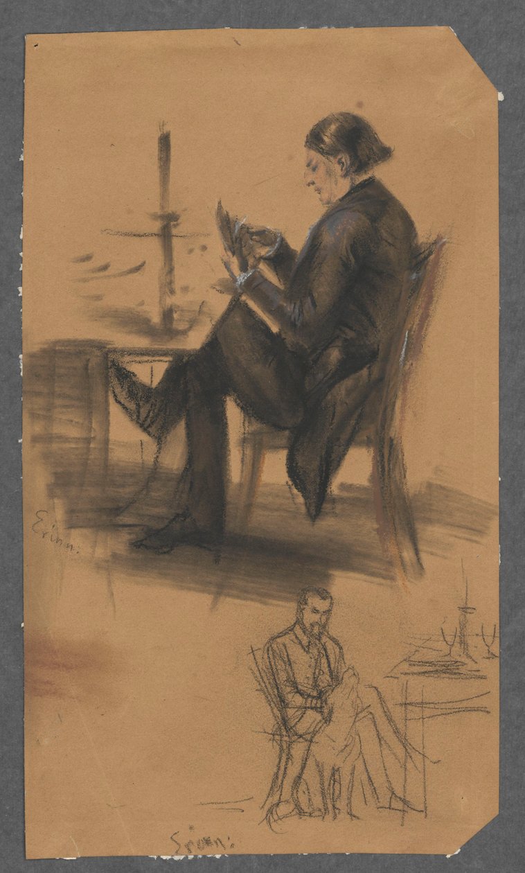 Un hombre con las cartas en la mano, junto a una mesa de juego (arriba); un hombre sentado junto a la mesa, acariciando a un perro (abajo) de Adolph Menzel