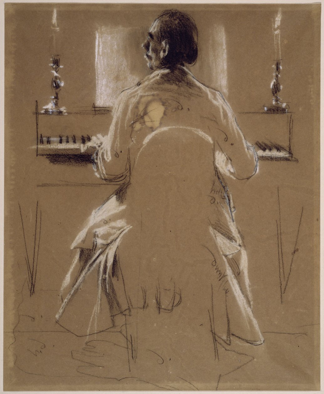 Estudio de modelo (Richard, hermano de Menzel) para Philipp Emanuel Bach al piano o al fortepiano. Estudio previo al cuadro «Concierto de flauta de Federico el Grande en Sanssouci». de Adolph Menzel