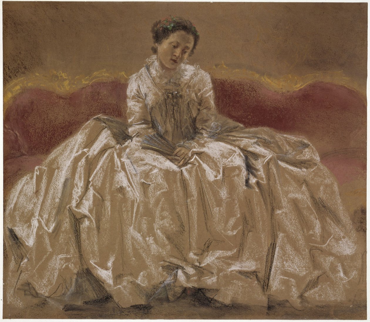 Estudio de modelo (Emilie, la hermana de Menzel) de la princesa Wilhelmine de Prusia (margravina Wilhelmine de Bayreuth) sentada en el sofá. Estudio preliminar para el cuadro «Concierto de flauta de Federico el Grande en Sanssouci». de Adolph Menzel