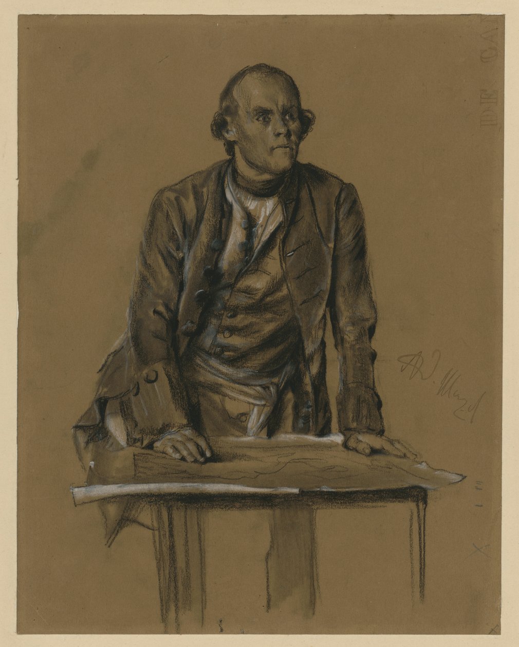 Estudio de modelo del príncipe Enrique de Prusia, medio cuerpo de frente, inclinado sobre una mesa, «De la época del rey Federico. Héroes de la guerra y de la paz», 1856 (véase Bock 1071) de Adolph Menzel