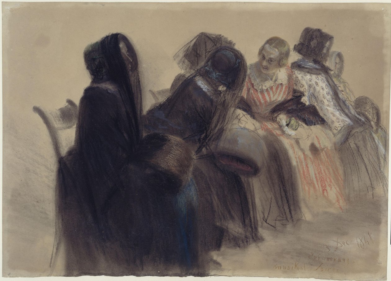 Velada musical: seis mujeres sentadas en sillas, dispuestas en una fila que se adentra hacia la derecha, algunas de ellas conversando. de Adolph Menzel