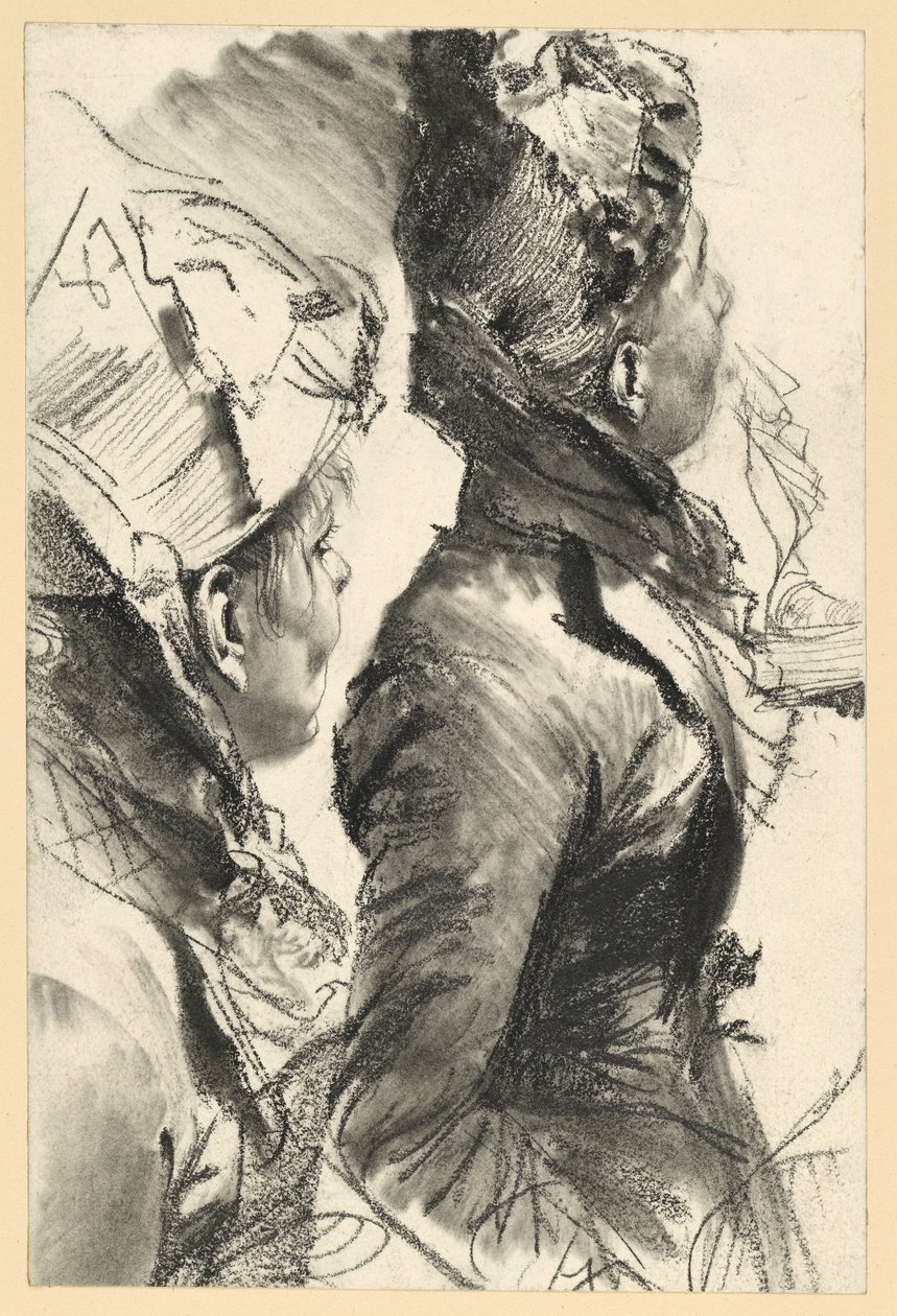 Mujer con sombrero mirando hacia la derecha, figura a media altura de perfil, dos bocetos de Adolph Menzel