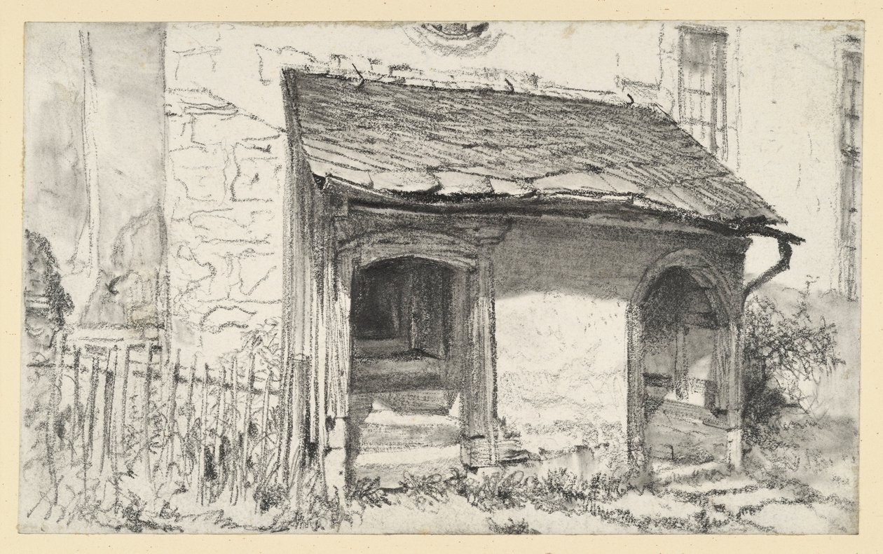 Pórtico bajo de una iglesia con dos entradas y una cerca de Adolph Menzel