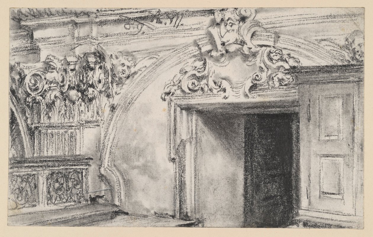 Parte superior de la pared de la puerta de una sacristía con un armario de madera de Adolph Menzel