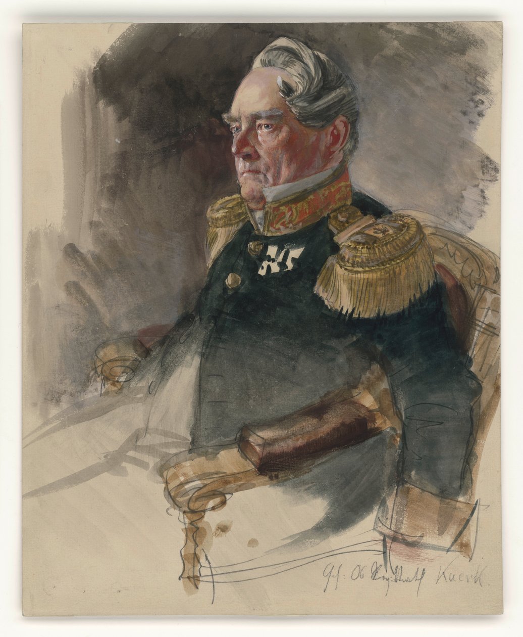 Consejero Superior del Gobierno Knerk, retrato de busto mirando hacia la izquierda, de perfil a tres cuartos, con la identificación del retratado; estudio para el cuadro «La coronación de Guillermo I en Königsberg» de Adolph Menzel
