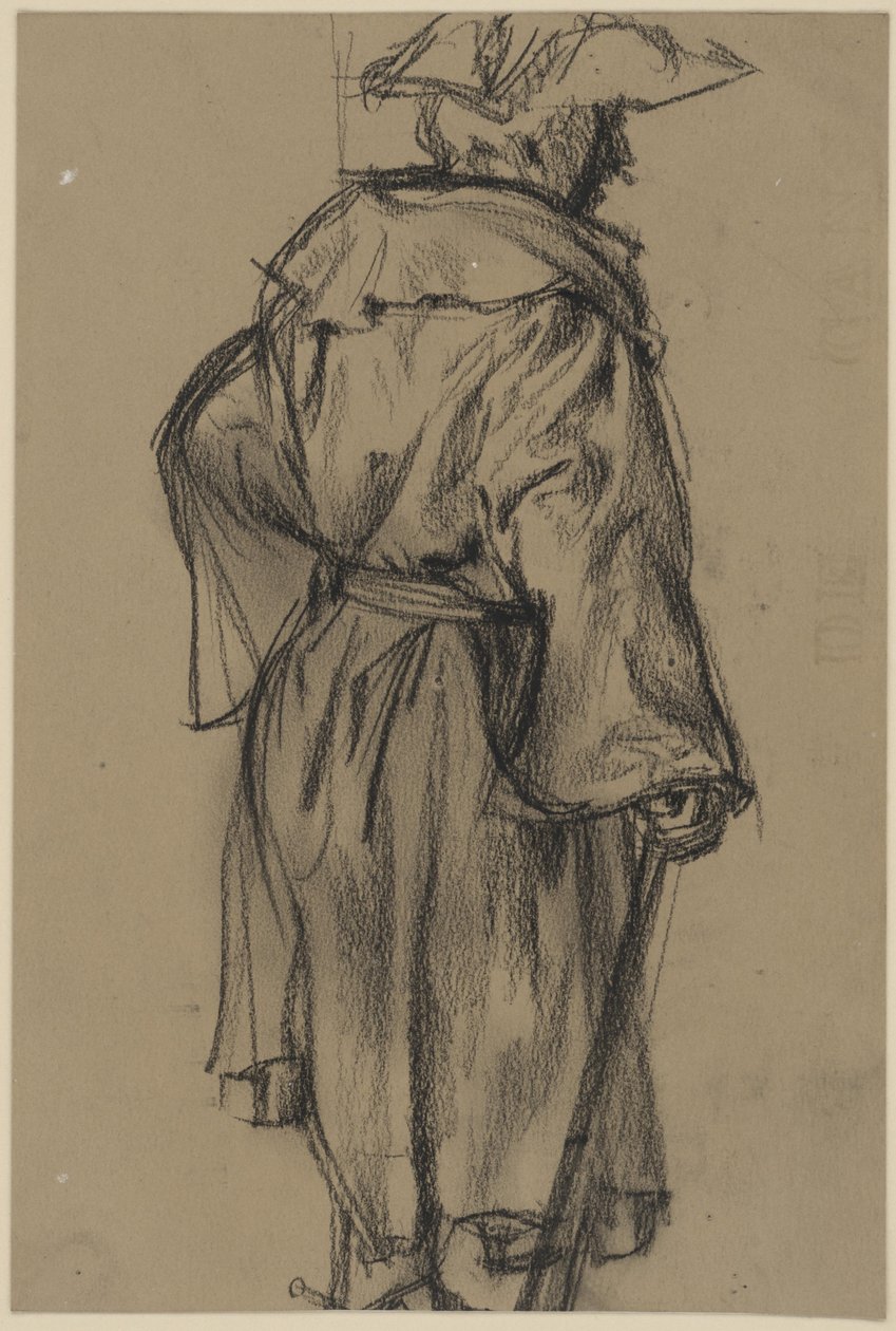 Oficial con abrigo y sombrero, con un bastón en la mano derecha, en semiprofil hacia la derecha. (Estudio de postura de Moritz von Anhalt-Dessau) de Adolph Menzel