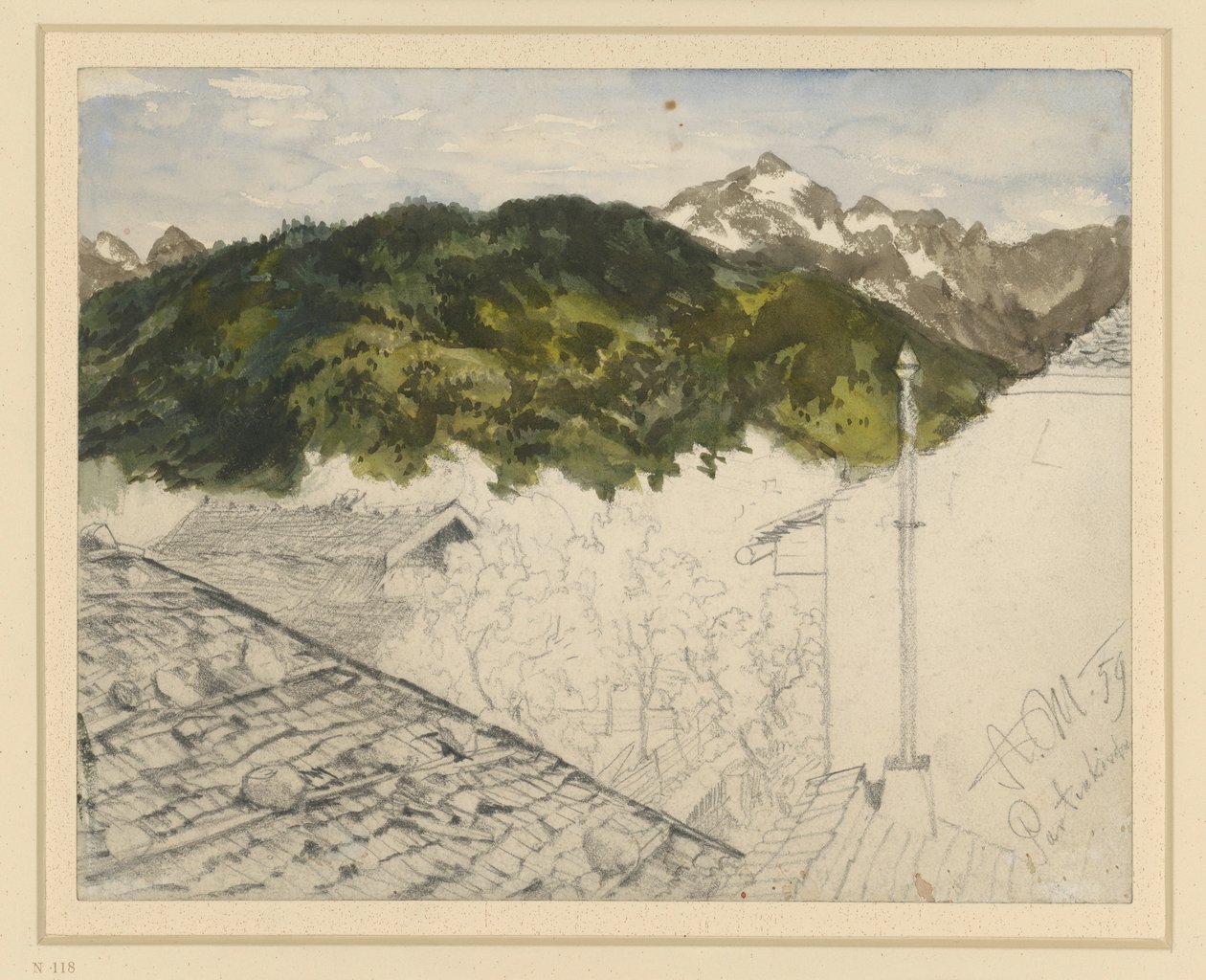 Partenkirchen, vista de las montañas y las casas rurales de Adolph Menzel
