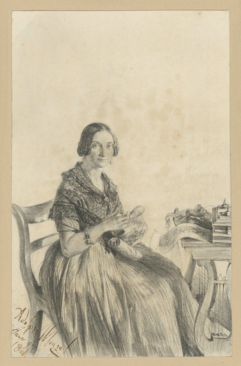 Pauline Martini, de soltera Dambke, sentada a la mesa, con la mirada dirigida hacia el espectador de Adolph Menzel