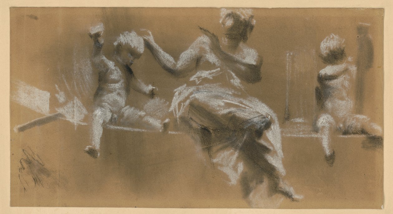 Obra escultórica sobre una cornisa, figura alegórica femenina flanqueada por querubines que simbolizan la pintura (a la derecha) y la escultura (a la izquierda); véase el n.º 159 del catálogo. de Adolph Menzel