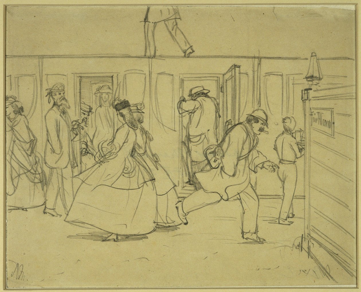 Viajeros en la estación de ferrocarril («Para caballeros») de Adolph Menzel
