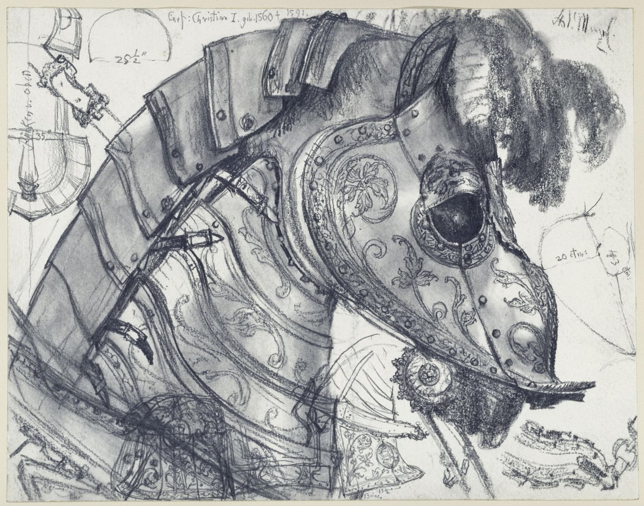 Armadura de caballo y armadura de gala para el príncipe elector Cristián I de Sajonia y su caballo, en diferentes perspectivas y bocetos a escala, Museo Histórico, Dresde de Adolph Menzel