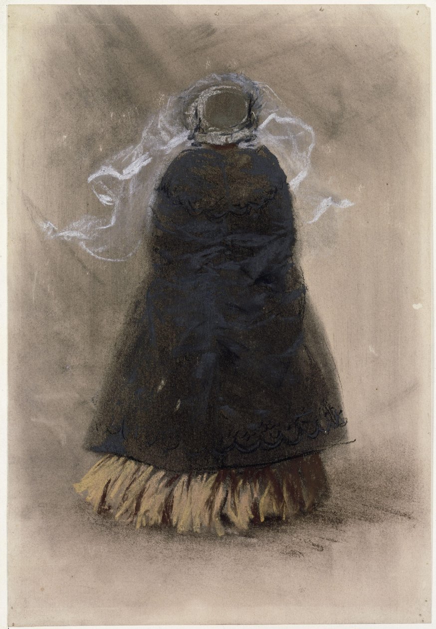 Figura de espaldas de una dama con sombrero y velo ondeante de Adolph Menzel