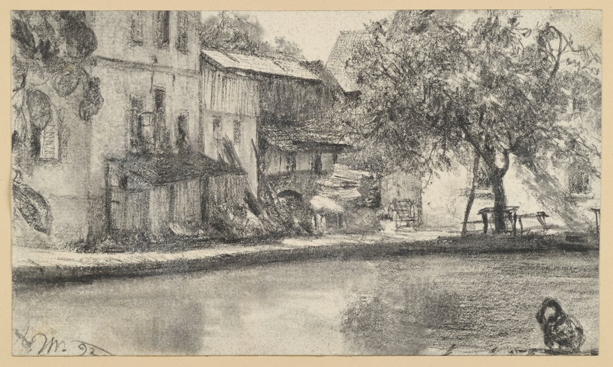 Parte trasera de una hilera de casas y árbol junto al agua de Adolph Menzel
