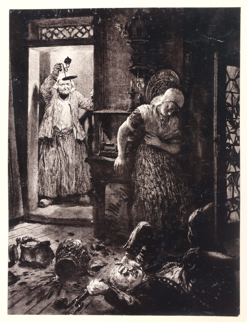 Ruprecht, con el pomo de la puerta en la mano, yace en el suelo de la habitación de Eva. Marthe entra con la lámpara, de la obra de Heinrich von Kleist «La jarra rota». de Adolph Menzel