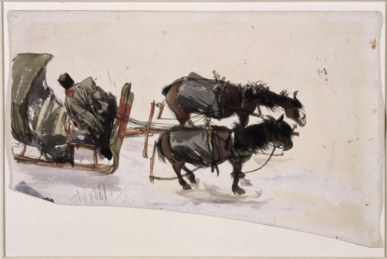 Tiro de trineo con dos caballos y cochero, visto desde arriba de Adolph Menzel
