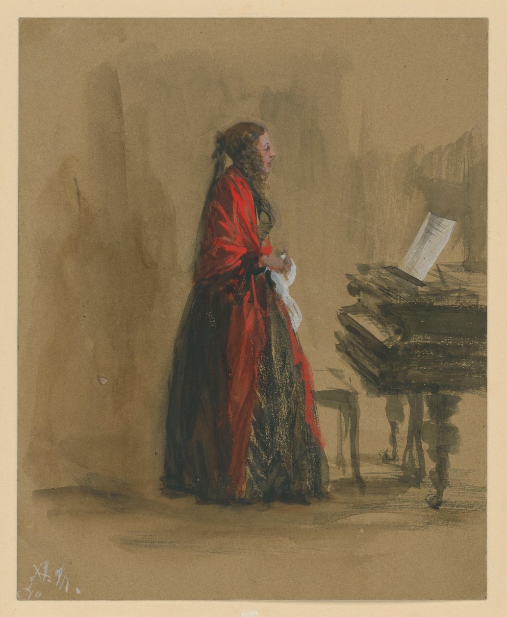 Mujer cantando, de pie junto a un piano de cola, de perfil hacia la derecha de Adolph Menzel