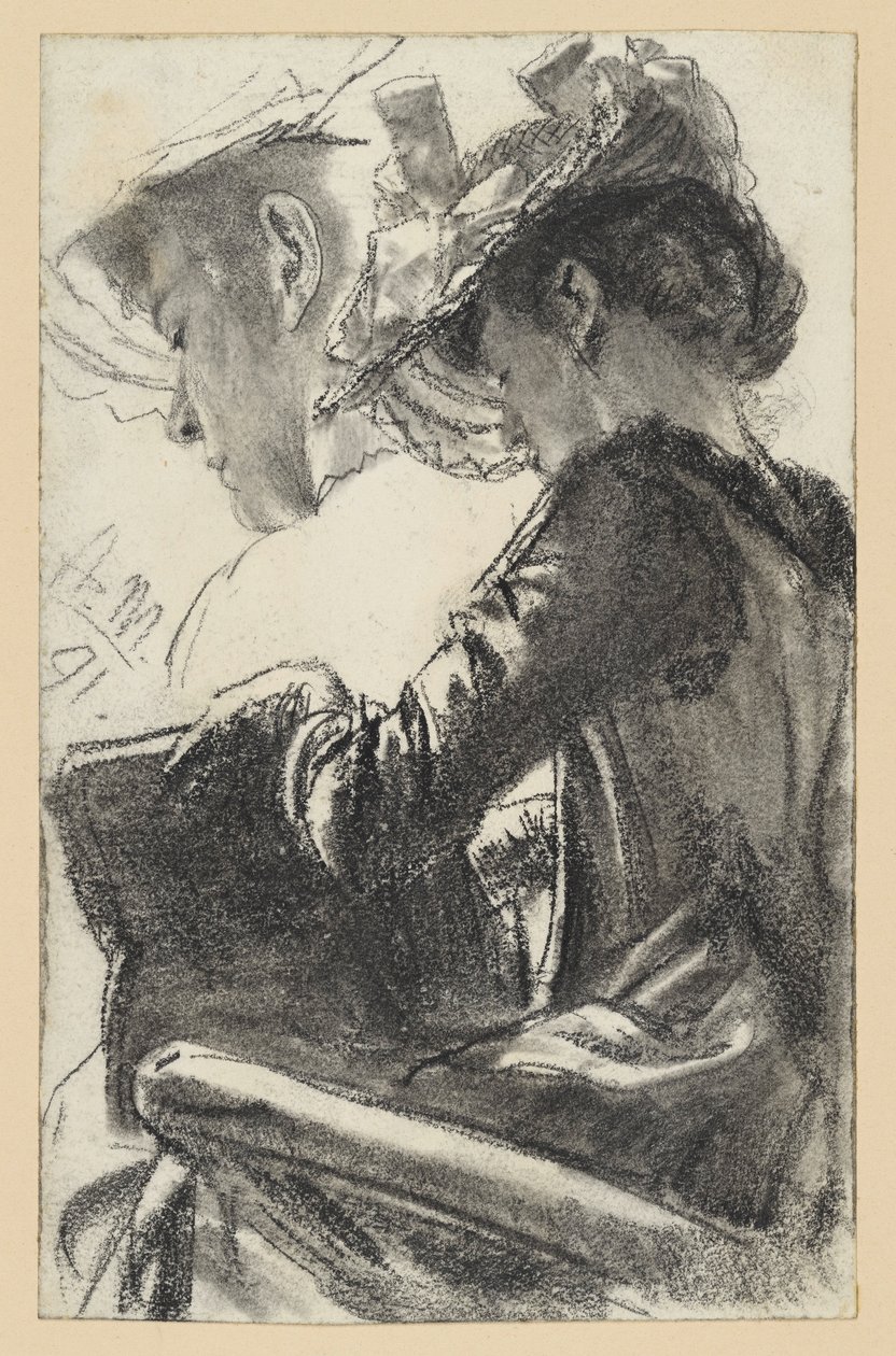 Mujer sentada con sombrero, un libro en las manos, cabeza repetida de Adolph Menzel