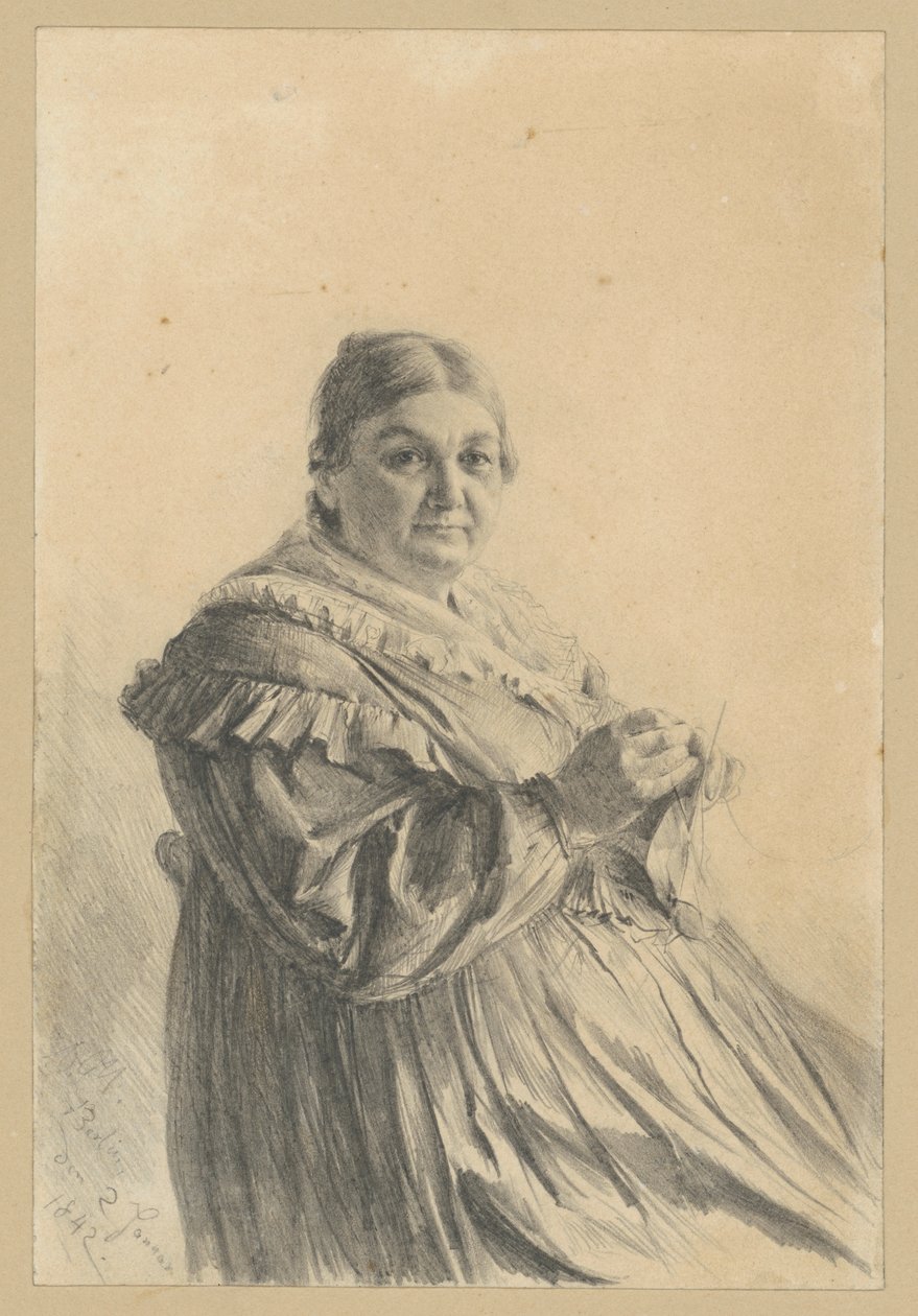Mujer mayor sentada con medias de punto de Adolph Menzel