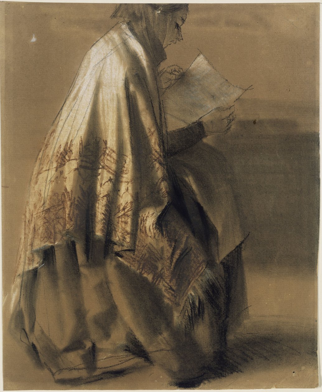 Mujer sentada, leyendo, con un amplio pañuelo envuelto alrededor del cuello de Adolph Menzel