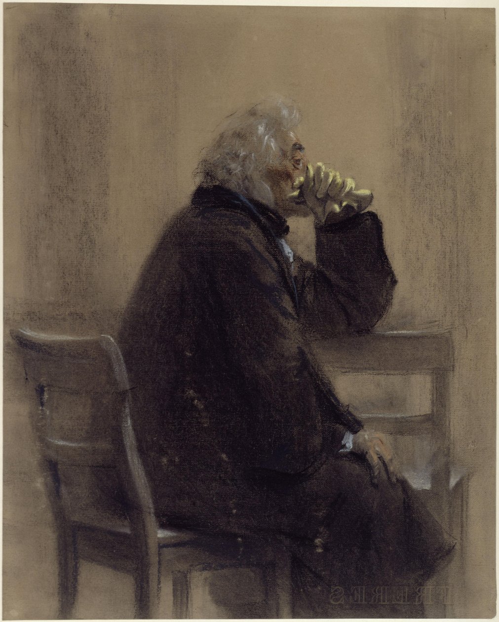 Señor mayor sentado, con un abrigo por encima de la ropa y guantes, con una rodillera; perfil hacia la derecha de Adolph Menzel