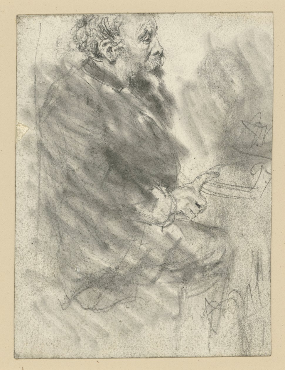 Hombre barbudo sentado, mirando hacia la derecha, con el dedo índice de la mano derecha extendido y apoyado sobre la mesa de Adolph Menzel