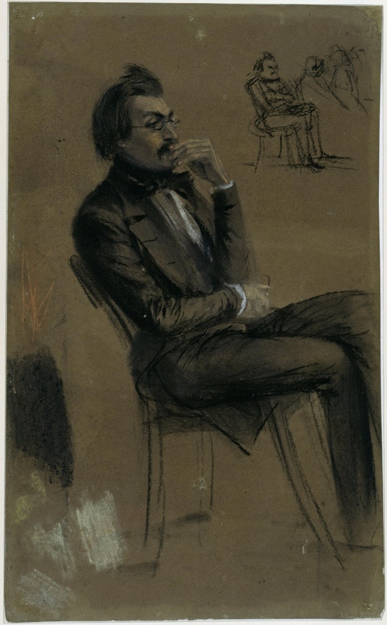 Un joven distinguido, sentado, que escucha con atención de Adolph Menzel