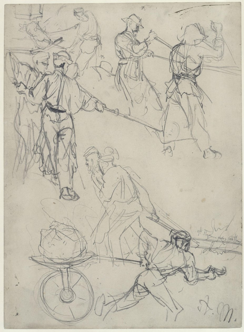 Bocetos de trabajadores realizando diversas tareas en la fábrica de laminación. Estudio para «La fábrica de laminación de hierro. Cíclopes modernos» de Adolph Menzel