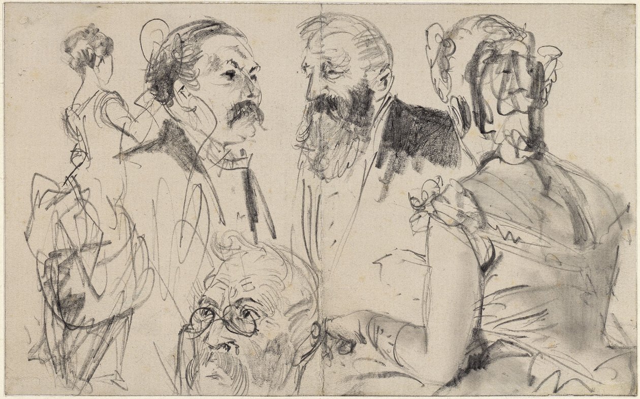 Hoja de bocetos con tres cabezas masculinas y dos figuras femeninas de espaldas de una sociedad elegante de Adolph Menzel