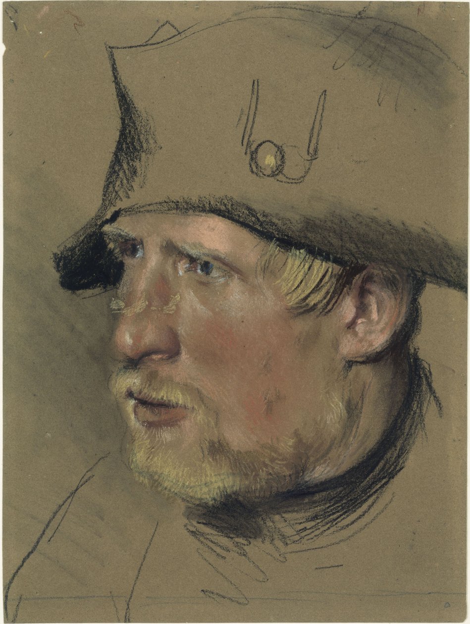 Soldado con bigote y perilla rubios con sombrero de tres picos, estudio de cabeza de Adolph Menzel