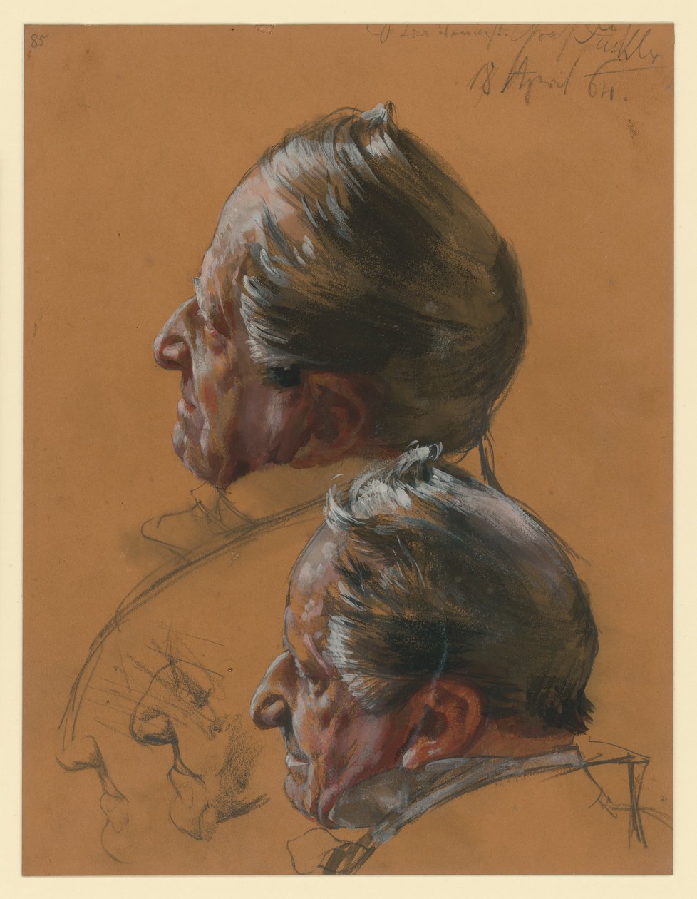El ministro de Estado, el conde Pückler; dos bocetos de perfil hacia la izquierda; bocetos para el retrato de «La coronación de Guillermo I en Königsberg» de Adolph Menzel
