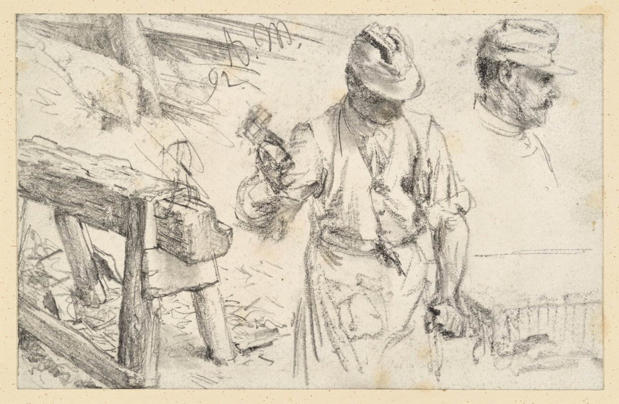 Cantero trabajando, caballete de taller y detalles de Adolph Menzel