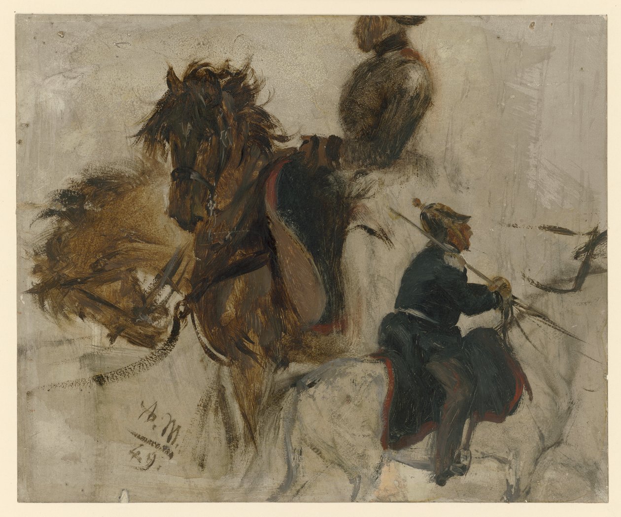 Estudio con soldado a caballo y cabezas de caballo de Adolph Menzel