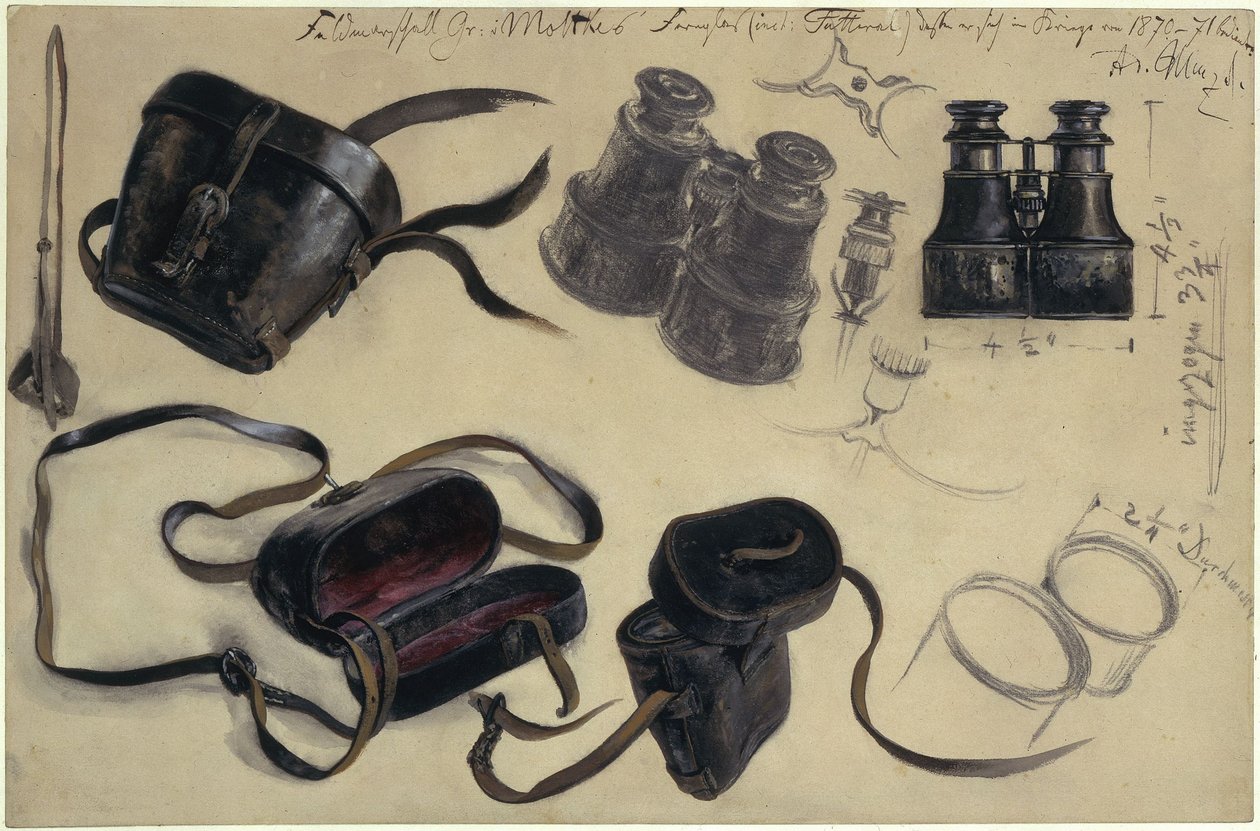 Estudio basado en los prismáticos del mariscal de campo conde von Moltke, estuche y detalles, con notas de Adolph Menzel