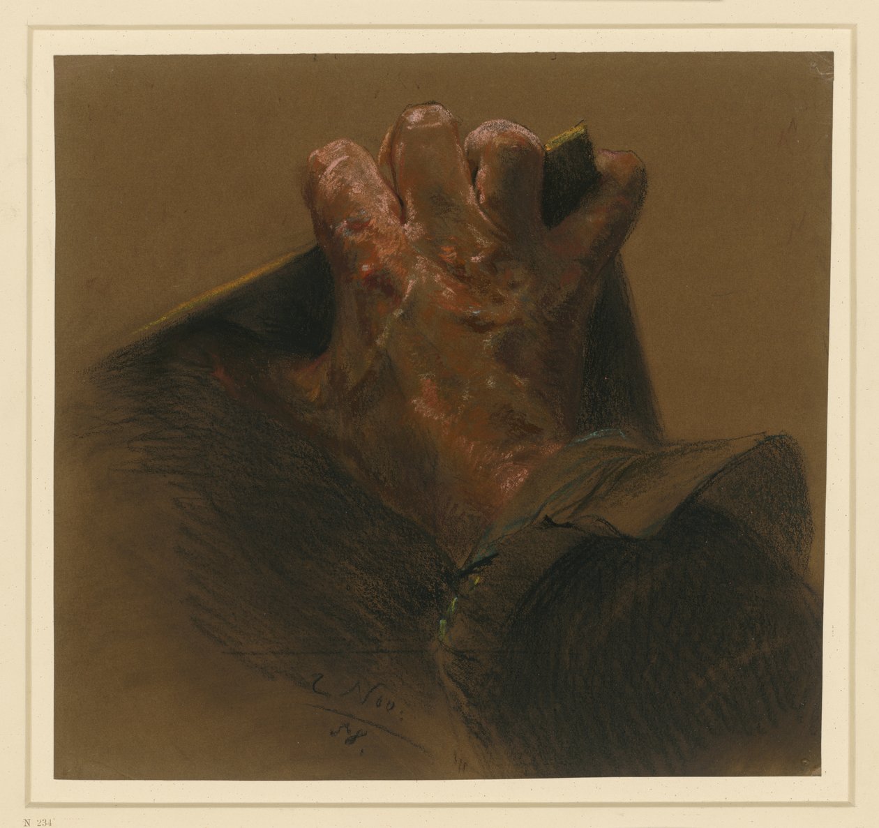 Estudio de una mano derecha masculina que agarra los bordes de una placa de Adolph Menzel