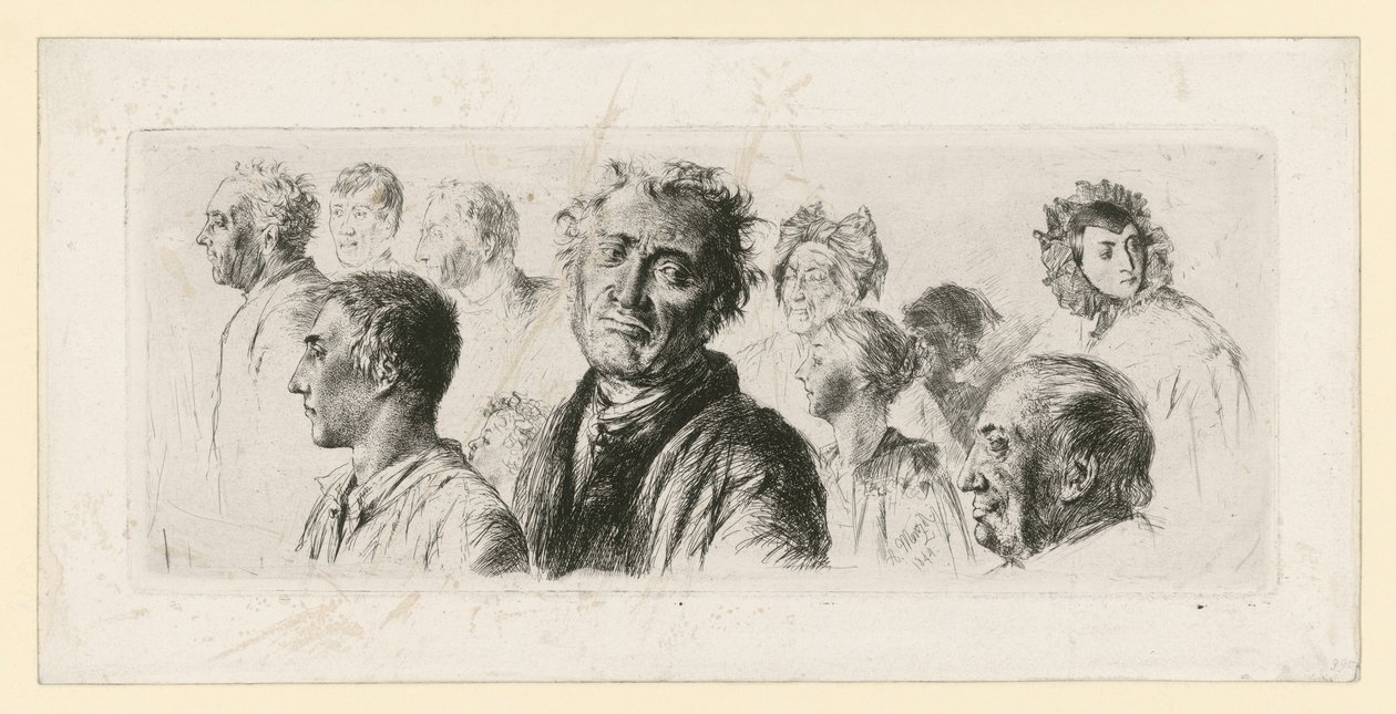 Hoja de estudios del manicomio. Diez cabezas, la mayoría mirando hacia la izquierda de Adolph Menzel